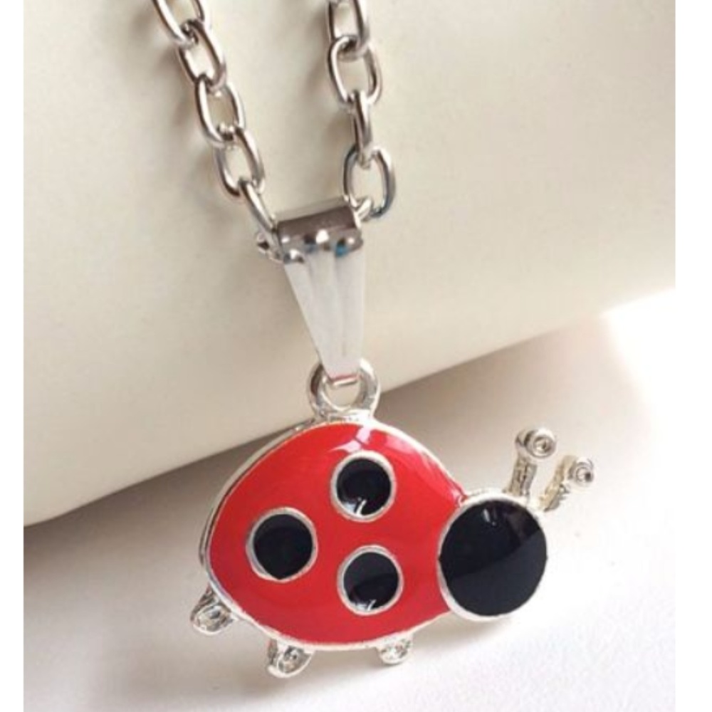 Silver Tone Ladybug Necklace Red Black Enamel 20" Bug Insect Jewelry